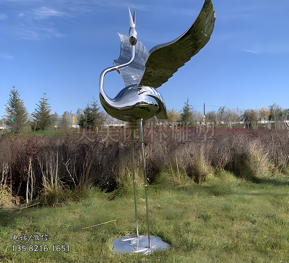 抬頭望天鳴叫的鏡面不銹鋼仙鶴雕塑