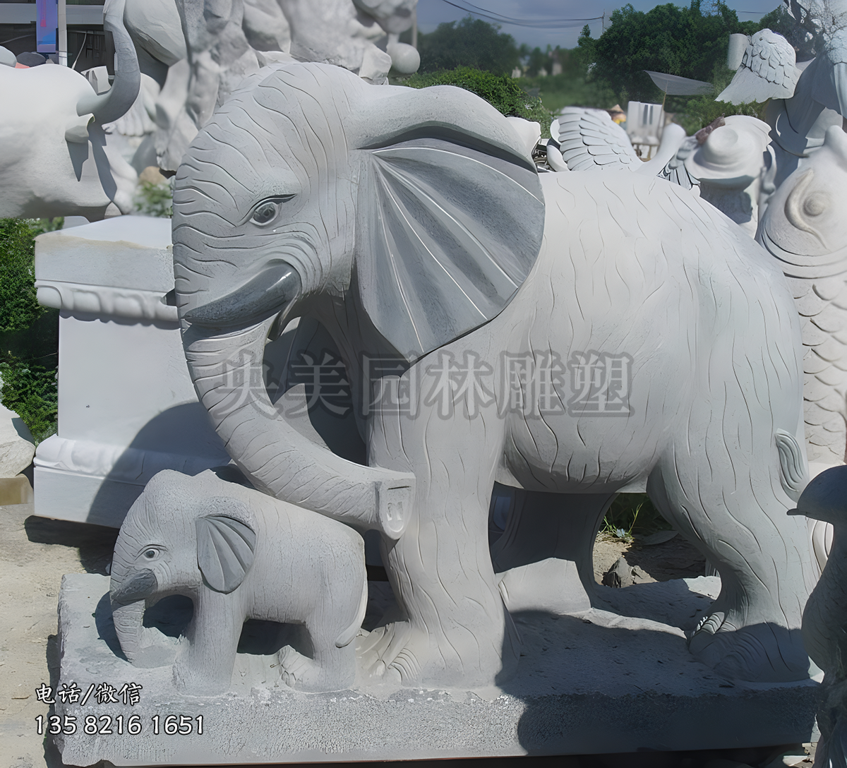 灰石大象石雕母子象