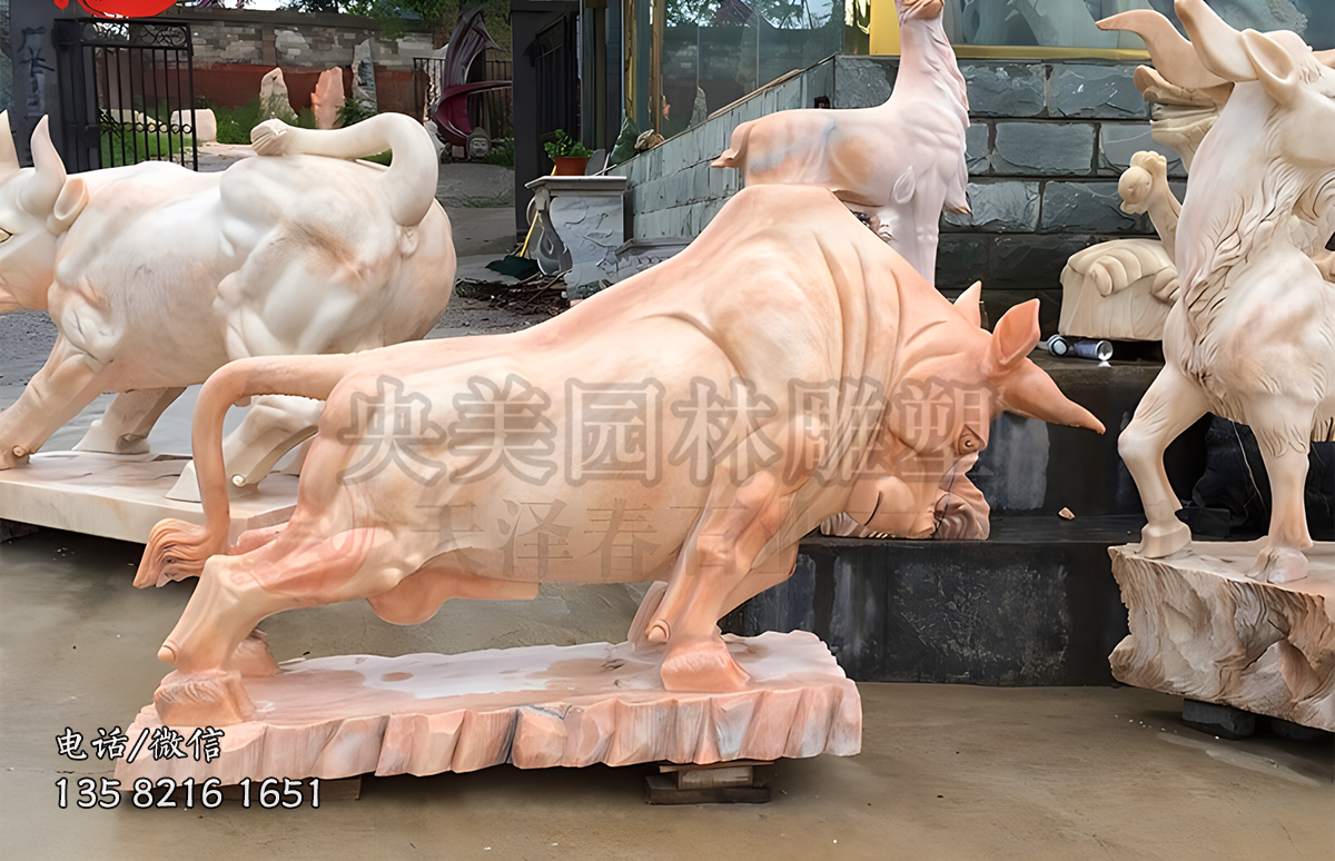 晚霞紅大理石石雕開荒牛雕塑