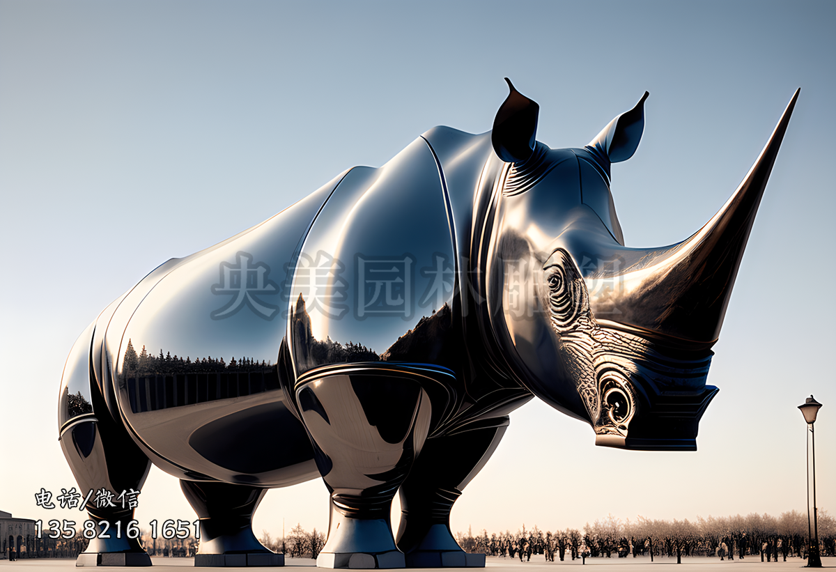 鏡面不銹鋼犀牛造型景觀動物雕塑